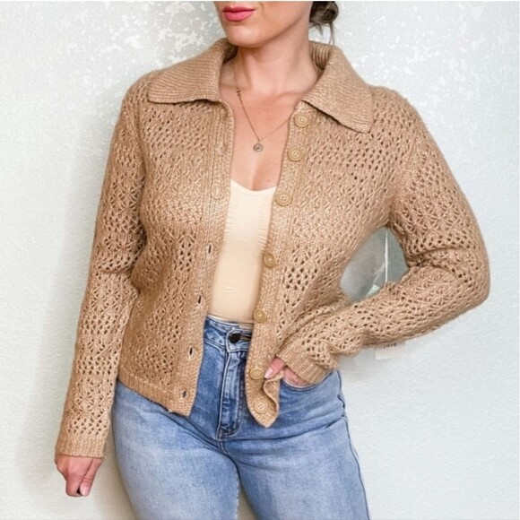 Joie Tan Button Front Knit Collared Cardigan Sweater Top - Picture 1 of 8